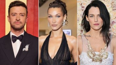 Justin Timberlake, Bella Hadid dan Riley Keough (kiri ke kanan).