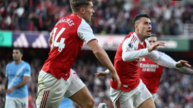 Pemain Arsenal, Gabriel Martinelli rayakan gol