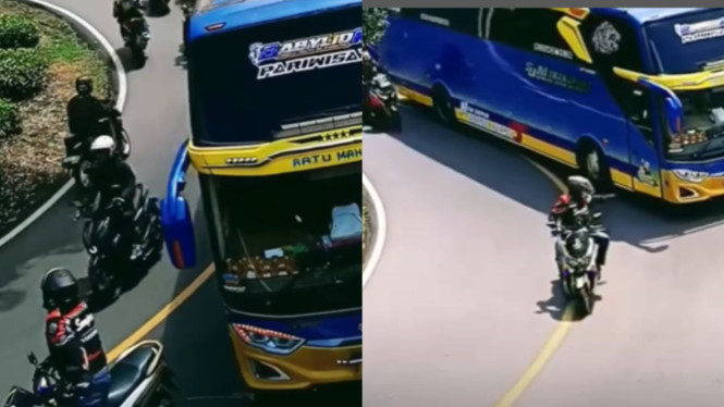 Rombongan Motor Nekat Hentikan Bus di Jalan Menurun
